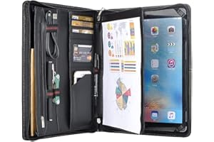 CALFINDER Handmade Genuine Leather A4 Size Portfolio Zipped,Organiser Case for iPad 9.7(2018/2017)/iPad Pro 9.7/iPad Air 2/iPad Air, Business Padfolio Conference Folder with iPad Holder, Black