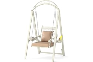 ‎COSTWAY COSTWAY Outdoor Schaukel mit Gestell, Gartenschaukel Metall mit abnehmbaren Kissen & Seitentischen, bis 160 kg, Terrassenschaukel Schaukelgerüst für Garten, Balkon, Hinterhof (Weiß)