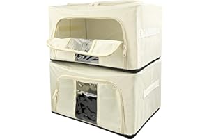 Legpador 2 Piezas Cajas Almacenaje Ropa Plegables, Bolsas para Guardar Ropa con Marco de Metal, Cajas Organizadoras, Organizador Armario Ropa, Caja de Almacenamiento para Juguetes, Libros(24L, Beige)