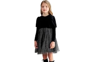 GRACE KARIN Vestido de Niñas Elegante Vestido de Manga Larga de Malla de Terciopelo con Cuello de Tripulación 6-12 Años