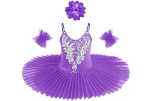 OBEEII Fille Robe de Ballet Paillettes Broderies Ballet Tutu Justaucorps Danse Classique Gymnastique Léotard Costume avec Pince à Cheveux 4-14A