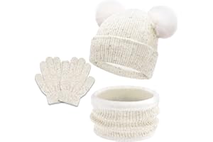 JFAN Sombrero de Invierno Bufanda para Niños Gorro de Punto para Bebés y Niños Pequeños Gorro de Invierno con Color Puro Sombrero de Doble Pompón para Niñas y Niños