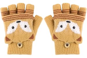 RUIXIA Mitaine Fille Garçon avec Capuchon Gants Enfant 3-8 ans Mitaine Enfant Mignon en Motif de Renard Moufles Demi-Doigt Tricoté Gants Chauds Hiver pour Enfants