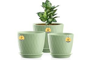 HOMEUOUZ 3 Pack Plastic Plant Pots,20/18/15CM,Flower Pot Large Plant Pots Indoor Outdoor Plastic Plant Pot with Drainage Holes and Tray for House Plant Flower(Light Green)