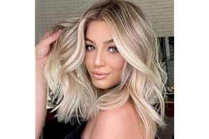 WOKESTAR Bob Lockige Perücke mit Fransen, Kurze Synthetische Gewellte Perücken für Frauen Blond mit Rosa Highlights Farbe