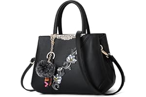 VARLIVOO Bolso Mujer Elegante Bolso de Mano con Bordado Floral PU Piel Bolsa Bandolera Marca con Colgante de Peluche para Trabajo Viajes Compras Fiesta Negro A