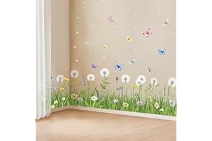SHUCHING Dandelion Wall Sticker Peel and Stick, Green Grass Flower Butterfly Dandelion Wall Decal, Removable Vinyl Wall Decor Art Home Decoration for Living Room Bedroom