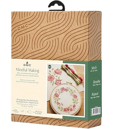 Kit Point De Croix DMC Mindful Making - Feuillage Délicat, 2 Motifs | Niveau Intermédiaire, Inclus Tambour