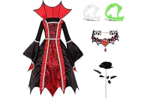 GLEEMEN Halloween Kostium wampira dla dziewczynki, gotycki, kostium wampira, kostium z naszyjnikiem, kostium królowej na Halloween na karnawał Cosplay imprezy tematyczne