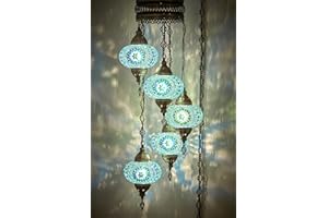 DEMMEX Lámpara de araña de mosaico turco marroquí, lámpara colgante de techo, luz de enchufe con cable de 4,5 metros, cadena y enchufe, no requiere cableado, 5 pantallas grandes, cuelga 110 cm