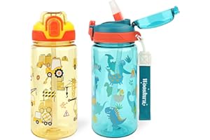 wooshwa Trinkflasche Kinder, Auslaufsicher Einhandöffnung, Wasserflasche mit Strohhalm, Kindergarten Schule Sport Flasche für Jungen, BPA-frei Spülmaschinenfest 600ml, 2er Set, Dinosaurier & Bagger