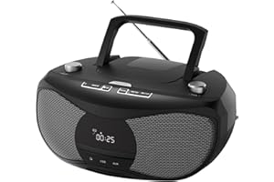 LONPOO Reproductor de CD portátil | 5 W estéreo Bluetooth Boombox | Botón Giratorio de Radio FM | Botón de Apertura de la Tapa del Coche | Pantalla LCD Grande | Puertos USB/AUX/Auxiliar Ocultos