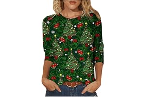 AMHOMELY Christmas Tops for Women UK Sale Clearance Ladies Spring Blouse Christmas Printed Mid-Length 3/4 Sleeves O-Neck Casual Tee Tops T-Shirt Vintage for Work Officce
