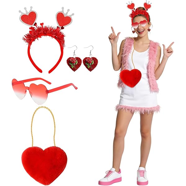 WZBBJuser Disfraz De Cupido Para Mujer – Set Completo Con Falda Tutu De Corazones, Alas De Ángel, Diadema, Pegatina Facial Y Tatuajes – Ideal Para San Valentín, Carnaval Y Fiestas Temáticas