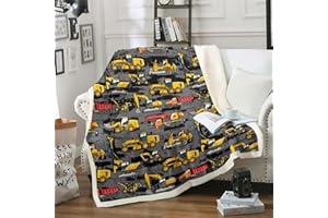 Homewish Jungen Bagger Sherpa Decke, Traktor LKW Decke für Kinder Jugend, Cartoon Baufahrzeug Plüsch Bettdecke Under Construction Fleece Flanket Schlafzimmer Dekor Gelb Grau 150x200