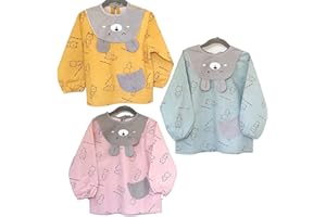 Bidaboum® Lot de 3 bavoirs tablier bebe enfant manches longues en tissu coton. Pour manger, peinture, cuisine, maternelle, école, cantine, dme. Serviette bavoir bébé, imperméable, zéro plastique.