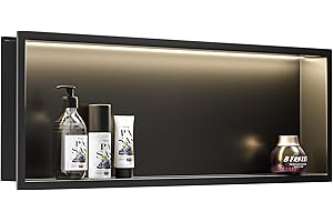 Bernkot Nicho de pared de acero inoxidable con tira de luz LED, 90 cm x 30 cm, resistente al agua, no requiere azulejos, almacenamiento de baño, nicho, color negro mate
