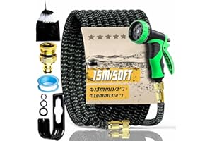 WOMAIKE-GARDEN Manguera de Jardín de 50FT/15M, Manguera de Jardín Extensible con Conectores de 3/4" y 1/2", Antitorsiones y Antifugas, Boquilla Rociadora de 10 Funciones para Riego de Jardines y Lavado