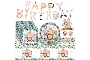 BATINO Jungle Safari Party Tableware Set, 67 Pieces Safari Birthday Decoration Paper Plates Napkins Tablecloth and Banner for Baby Shower Wild One Boy Party Decoration Jungle Theme Party Decorations