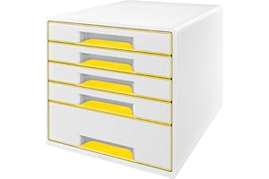 ‎LEITZ Leitz CUBE Schubladenbox mit 5 Schubladen, Weiß/Gelb, A4, Inkl. transparentem Schubladeneinsatz, WOW, 52142016
