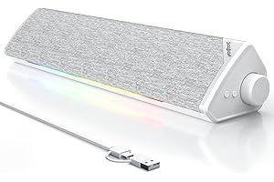 SOULION R60 Casse USB Bluetooth RGB Soundbar Bianco per PC, Portatile, Gaming, Monitor, Altoparlante Stereo 12W, Alimentazioni USB, con Aux Jack 3.5mm, Design del tessuto di moda