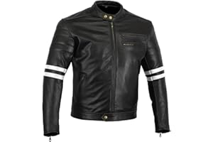 Bikers Gear UK Chaqueta Moto Cafe Racer en Color Envejecido y Blanco Cuero de Calidad con Protecciones homologadas extraíbles Talla