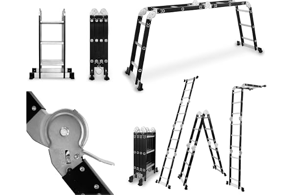 DRABEST - Ledad stege 4x3 stegpinnar - tillverkad av aluminium och stål - Fällbar stege, aluminiumstege - Maximal belastning upp till 125 kg - Multifunktionsstege - 0,32 x 0,98 x 0,25 m