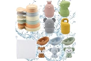 BITOYO Giocattoli da Bagno Bambini, Giochi Bagnetto, Giocattoli Animali in Silicone con Barchette da Bagno Impilabili e Cucchiaio, Giochi Acqua Giocattolo Che Nuota Giochi Vasca da Bagno Bambini 1 2 3 4 Anni