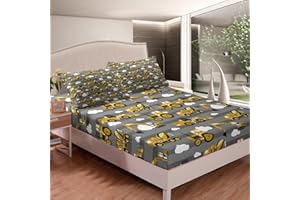 LOUSSIESD Juego de sábanas para niños excavadora de dibujos animados amarillo camión grúa juego de cama Digger mezclador lindo niños maquinaria pesada ropa de cama cama cama tractor gris rayas nubes sin sábana