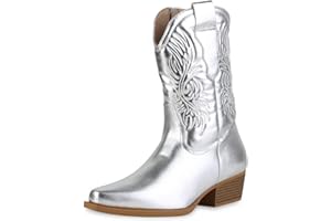 VAN HILL Damen Stiefeletten Cowboy Boots mit Trichterabsatz Stickereien