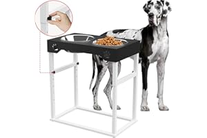 Sunmeyke Stainless Steel Elevated Dog Bowls Stand(Up to 20''), Adjustable Raised Dog Bowl for Medium, Large Sized Dogs, with 2 Perfect Dog Food and Water Bowls, 8 Neater Heights, Black (Black/White)…