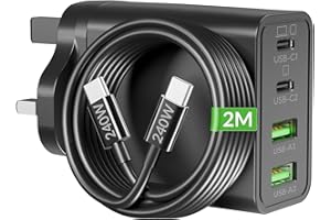 ARCCRA 65W 4-Port USB C Charger, GaN PD/PPS Super Fast Charging Multi Wall Plug UK Laptop Charger + 240W 2M Type C Cable for MacBook Pro/Air, iPad, iPhone 17/16, Samsung S25 S24, Chromebook Thinkpad Dell HP