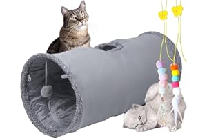 mymai Faltbarer katzentunnel mit weichem Wildlederbezug, interaktiver Rascheltunnel für Katzen mit 2 Hängenden Spielzeugen, ideal für Kaninchen kleine Haustiere (Grau, A)