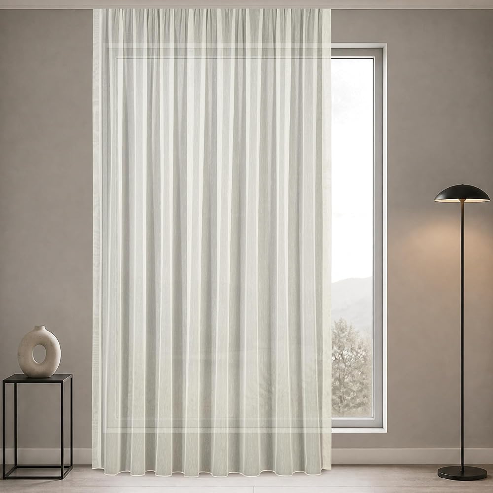 Gauze Fabric Design Lüks İpeksi Dokulu Simli Bambu Kırışmaz Ütü Gerektirmez Ekru 325 x 270 Sık Pile (1 x 3) YÜKSEK KALİTELİ TÜL PERDE