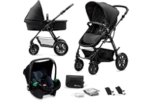 Kinderkraft MOOV Pram 3 in 1 Set, with Infant Car Seat Mink PRO I-Size, Travel System, Baby Pushchair, Buggy, Foldable, Accessories, Rain Cover, Footmuff, for Newborn, from Birth to 3 Years, Black