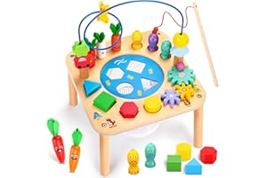 oathx 6 in 1 Baby Activity Table Wooden Montessori Toys for 1+ Year Old, 1st Birthday Gifts for Boys Girls Play Sensory Table Shape Sorter, Sorting Toys Kids Early Development for Toddler 12+ Months
