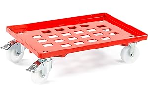 aidB Transportroller für Euroboxen mit 2 Lenk- und 2 Bremsrollen aus Kunststoff, Rot, 600x400 mm, Fläche gerastert, Rollwagen zum Transport von Kisten, Praktischer Kistenroller
