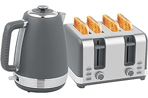HOMCOM Stainless Steel Kettle and Toaster Set, 1.7L 3000W Rapid Boil Jug Kettle with UK Strix Thermostat, Limescale Filter, 4 Slice Toaster with 7 Browning Controls, Crumb Tray, Grey and Silver Tone