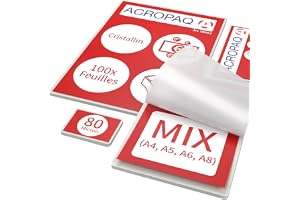 ACROPAQ MIX lamineringsark – olika storlekar, 80 mic, 100 fickor (20 x A4, A5, A6, 40 x A8), glansig finish, förrundade hörn