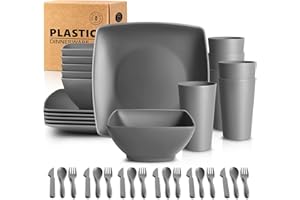 Teivio 18-Piece Square Plastic Plates Bowls and Cup Set with Cutlery, Kitchen Dinner Set Service for 6, Reusable Dinner Plate/Bowl/20 oz Cup/Knife/Fork/Spoon, Unbreakable Outdoor Camping Dishes, Gray