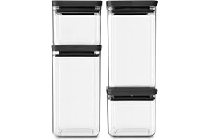 Brabantia tasty + set de 4 botes apilables cuadrados de plástico transparente, 2 x 0.7 l, 2 x 1.6 l, tapa dark grey