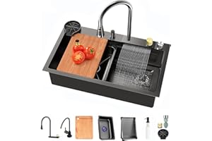 FGNIXLN Lavello da cucina a cascata, grigio scuro 304, lavello da cucina in acciaio inox, multifunzione, lavello con rubinetto estraibile e altri accessori (68 x 45 cm)