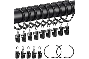 Caianwin 20 Stück Gardinenringe mit Clips, Metall Vorhangringe zum öffnen 38mm Innendurchmesser, Gardinenringe Haken für Stange,Duschvorhang(Schwarz)