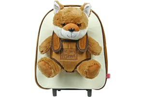 PERLETTI Sac à Roulette Scolaire Maternelle et Peluche Douce pour Enfant 3 4 5 Ans - Mini Sac à Dos Roues et Animal Doudou Amovible Fille Garçon - Sacoche Garderie avec Renard - 29x32x11 cm (Renard)