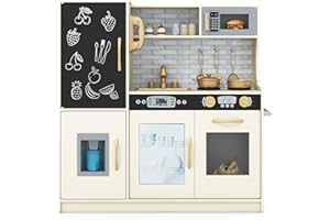 RELAX4LIFE Cucina Giocattolo per Bambini, Gioco Cucina in Legno con Frigo con Lavagna, Microonde, Forno, Macchina per il Ghiaccio, Mini Cucina per Bambini 3-6 Anni (Beige,82 x 24 x 80 cm)