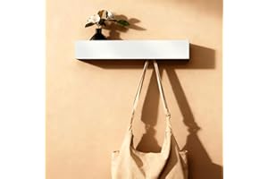 WJUAN 43,5cm Attaccapanni da Parete con Mensola, 5 Ganci Nascosti, Appendiabiti in Legno e Metallo, Ganci Discreti per Ingresso, Camera da Letto, Bagno e Soggiorno, Appendivestiario Bianco