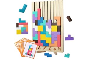 UptVin Wooden Stacking Puzzle Toy, 3D Montessori Wooden Stacking Puzzles Game, 3D Russian Blocks Game with 10 Cards, Colorful Block Puzzle Game for Adults and Kids