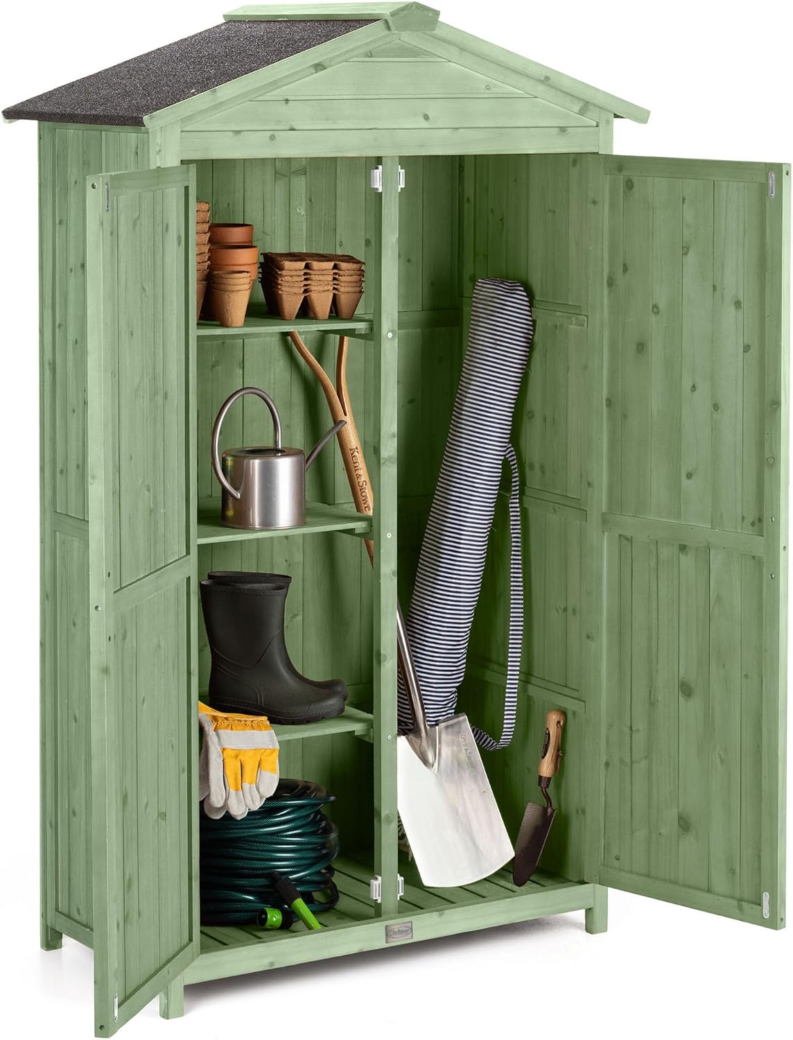 Christow Small Double Door Garden Shed – Sage Green, Tall Wooden Outdoor Storage, Slim Utility Shed, Three Configurable Shelves, Treated Wood, Lockable Doors, Sloped Roof, H166cm x W100cm x D64cm