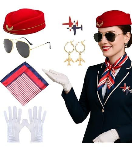 Costume & Accessoires Hôtesse De L'Air Femme - Béret, Écharpe Rayée, Gants, Lunettes, Broche Avion - Pour Déguisement, Cosplay, Spectacle