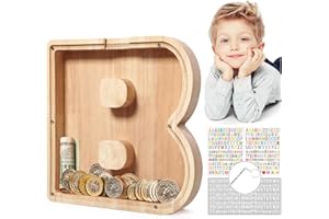MoneRffi Personalized Letters Wooden Piggy Bank 23x23cm, A-Z Letters Coin Bank Money Box with Clear Alphabet Stickers, Money Saving Bank For Family Christmas Birthday DIY Gift Home Decoration